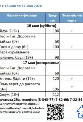Расписание киносеансов на 16 - 17 мая