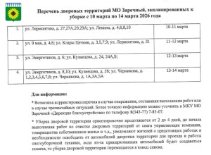 ПЕРЕЧЕНЬ ДВОРОВЫХ ТЕРРИТОРИЙ, запланированных к уборке в период с 10 по 14 МАРТА