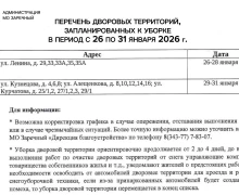 ПЕРЕЧЕНЬ ДВОРОВЫХ ТЕРРИТОРИЙ, запланированных к уборке в период с 26 по 31 января