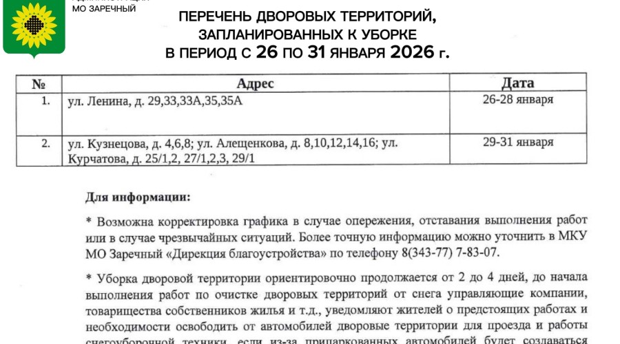 ПЕРЕЧЕНЬ ДВОРОВЫХ ТЕРРИТОРИЙ, запланированных к уборке в период с 26 по 31 января